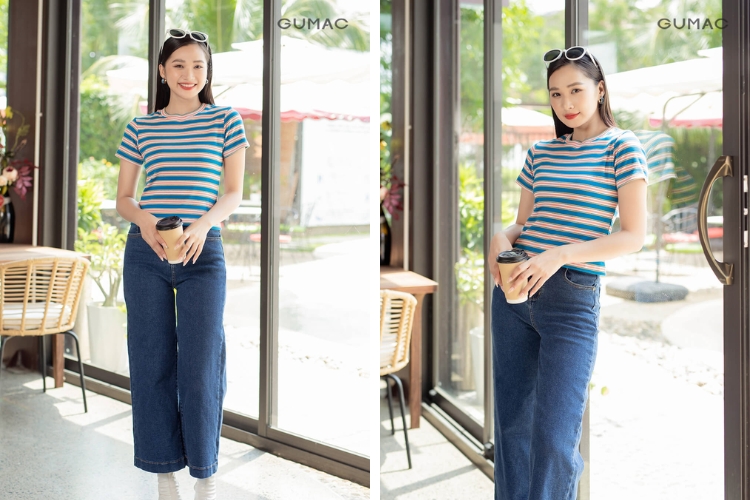 Outfit đi du lịch cát áo thun gân và quần ống rộng