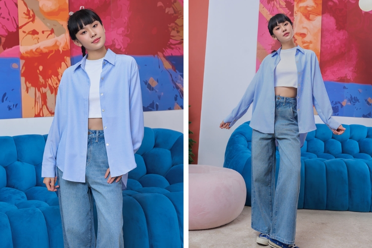 Phối đồ đi du lịch Cát Bà áo thun cùng sơ mi oversize năng động