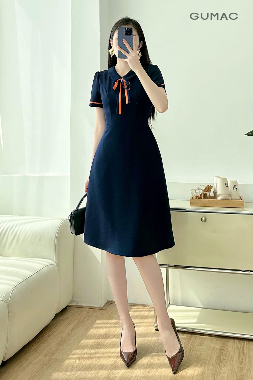 Fash sale Dam A Nep Tay Phoi LDE0614 mau xanh den 