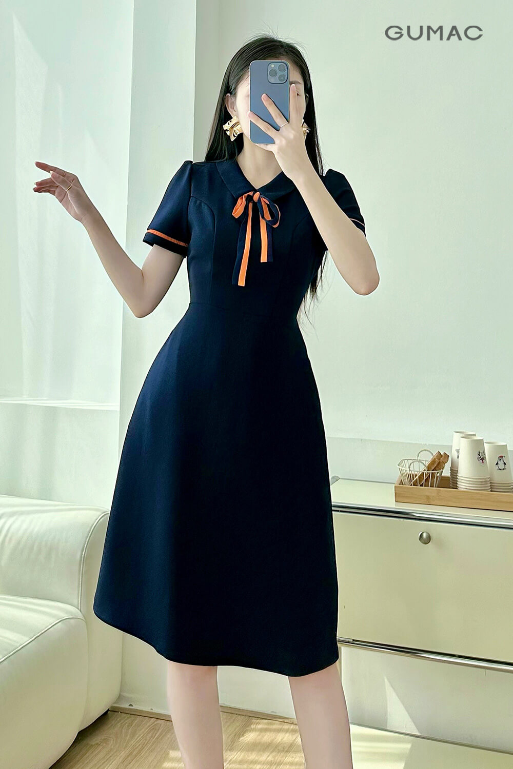 Fash sale Dam A Nep Tay Phoi LDE0614 mau xanh den 1