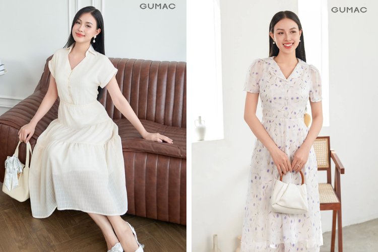 Gợi ý mẫu đầm xòe rã tầng cho nàng đi chùa