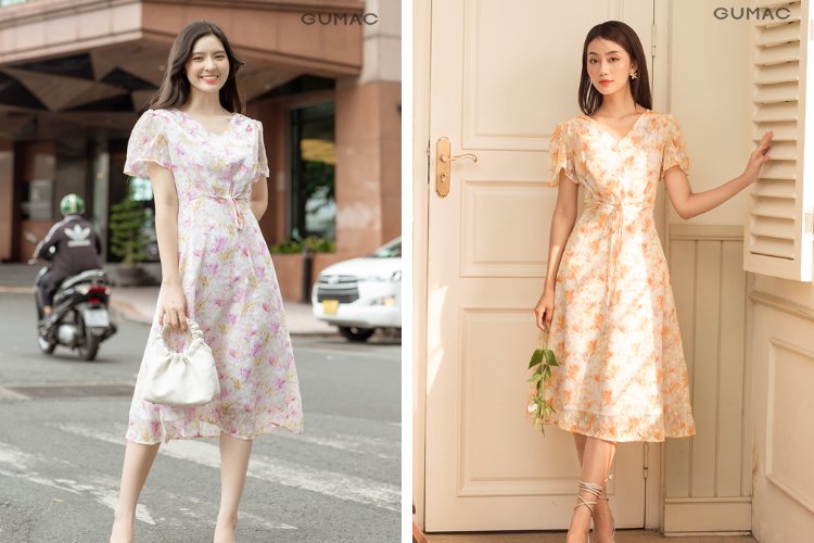 Gợi ý kiểu đầm hoa thắt nơ eo cho nàng đi chùa
