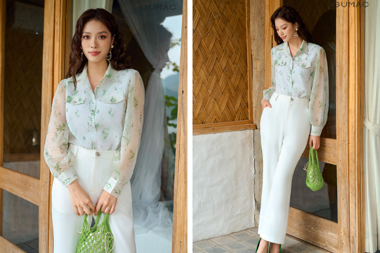 áo sơ mi họa tiết phối quần âu