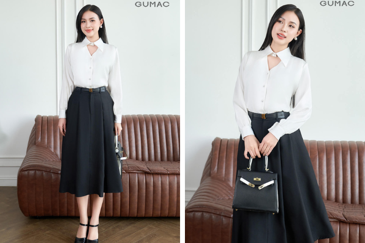 Áo sơ mi với chân váy xếp ly