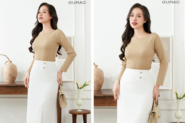  Áo thun cổ thuyền với chân váy