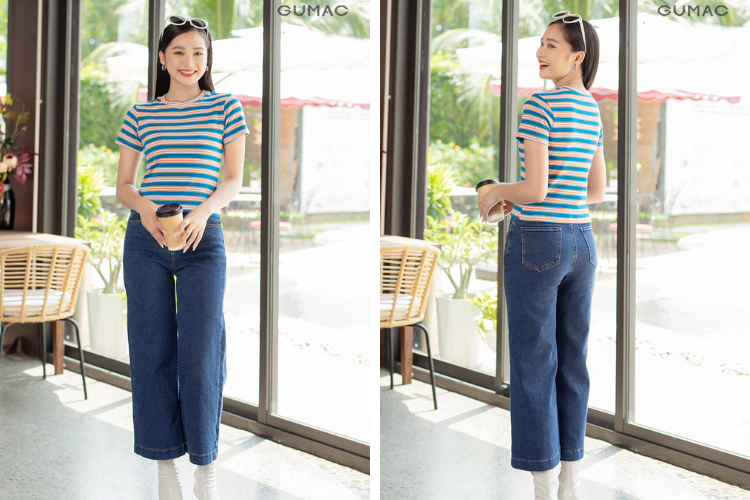 Áo thun với quần jean ống rộng