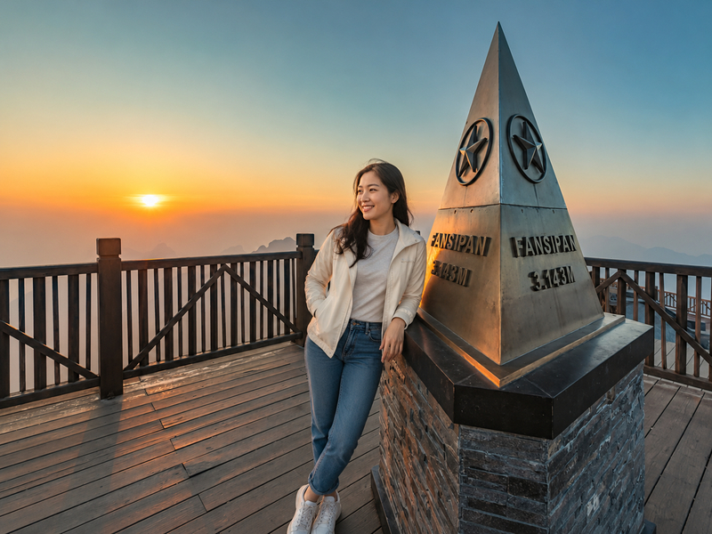 Outfit gọn gàng với áo thun dài tay, quần jeans và áo khoác gió khi chinh phục Fansipan mùa hè. (Ảnh được tạo bởi AI)