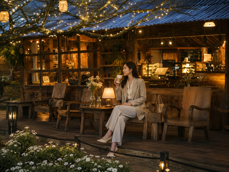 Blazer phối áo sơ mi lụa và quần tây ống suông check-in tiệm cà phê Túi Mơ To. (Ảnh được tạo bởi AI)