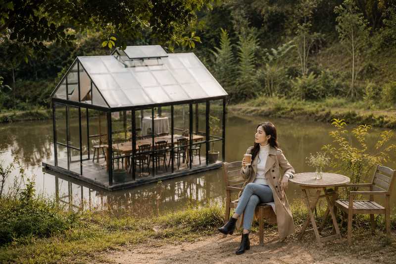 Check-in tiệm cafe Đợi Một Người cùng áo khoác trench coat phối quần jeans thanh lịch, hiện đại. (Ảnh được tạo bởi AI)
