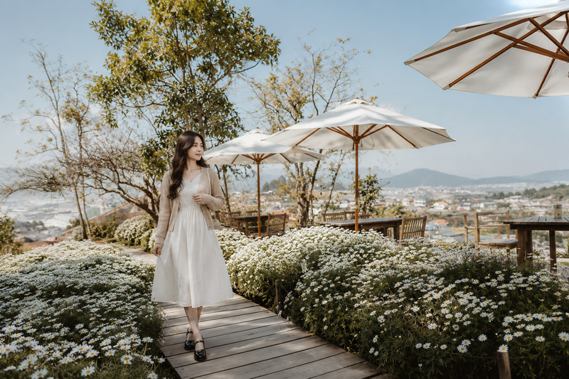 Váy midi phối cardigan mỏng check-in tiệm cafe Túi Mơ To vibe nàng thơ dịu dàng. (Ảnh được tạo bởi AI)