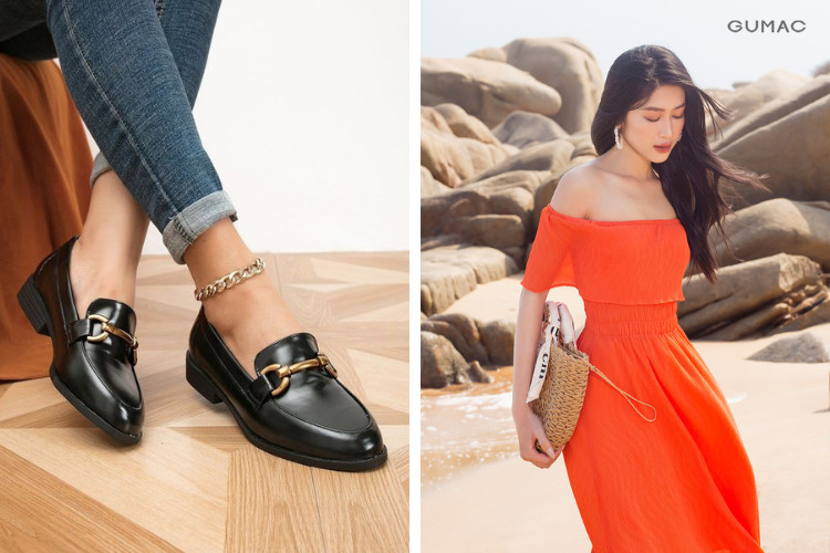 Mặc đầm trễ vai đi giày bệt