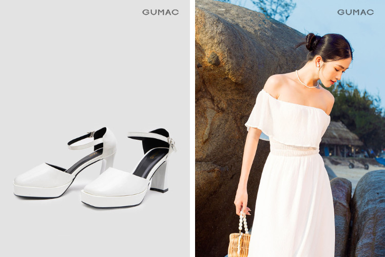 Mặc đầm trễ vai đi giày búp bê