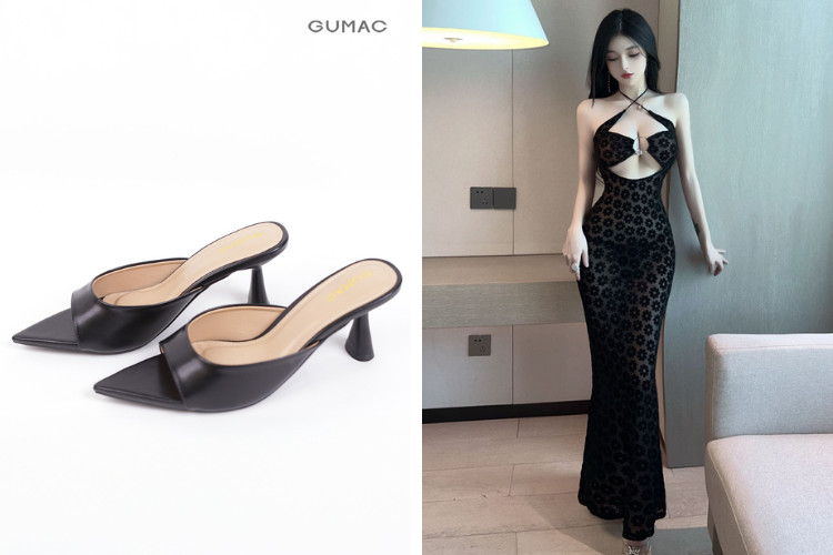 Váy xuyên thấu đi dép cao gót mũi nhọn