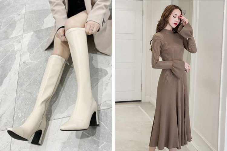 Mặc váy len đi boot cổ cao