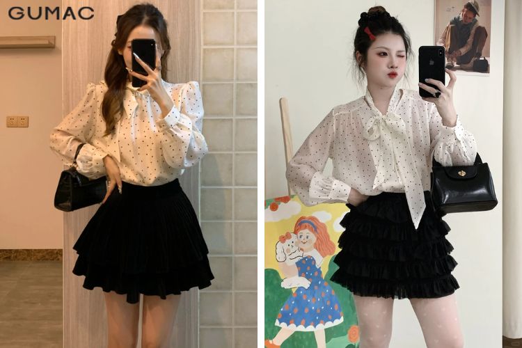 Mẫu áo chấm bi đẹp nhất với chân váy ngắn