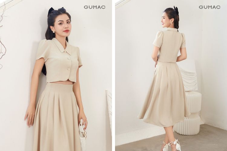 Áo beige và chân váy cùng màu sang trọng