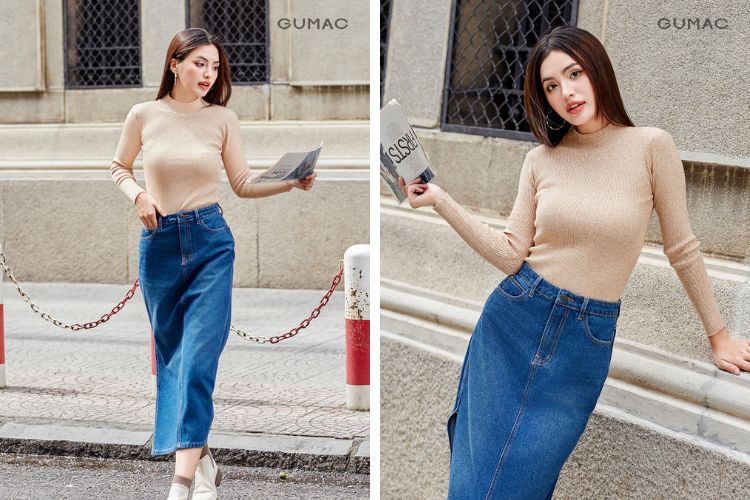 Áo len nữ màu be kết hợp với chân váy