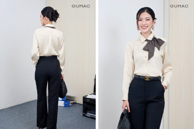 Áo màu be đậm&nbsp;và quần ống đứng có cạp cao