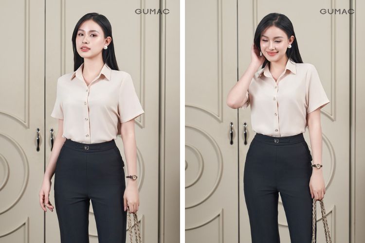 Áo màu beige kết hợp với quần màu đen