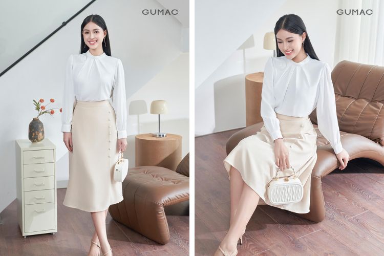 Chân váy bút chì beige kết hợp áo sơ mi satin