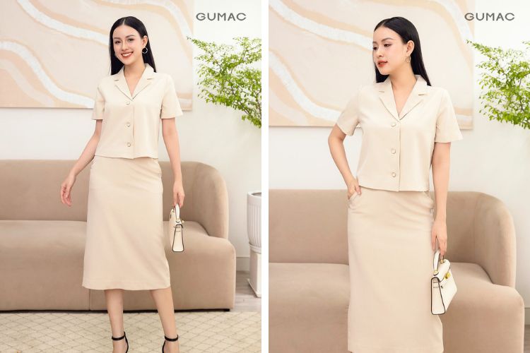 Chân váy suông màu kem&nbsp;kết hợp với áo kiểu nàng thơ