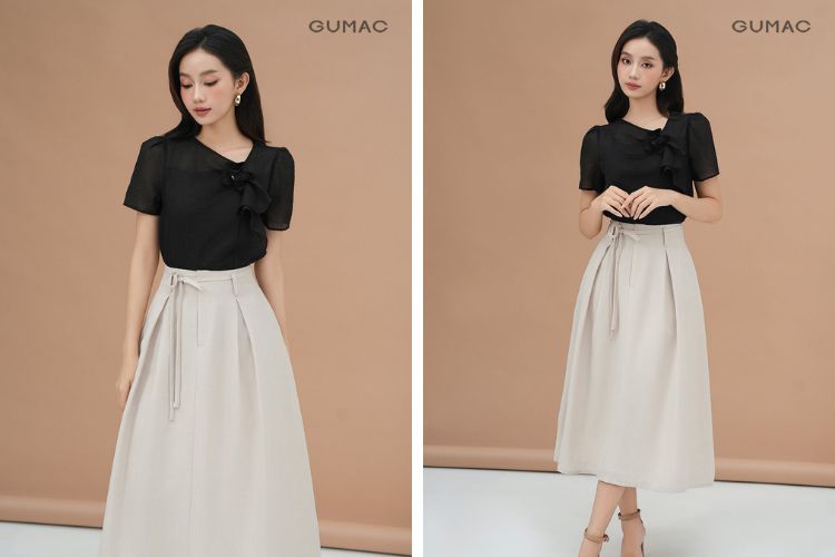 Chân váy xòe be phối áo màu đen vừa đi học vừa đi làm