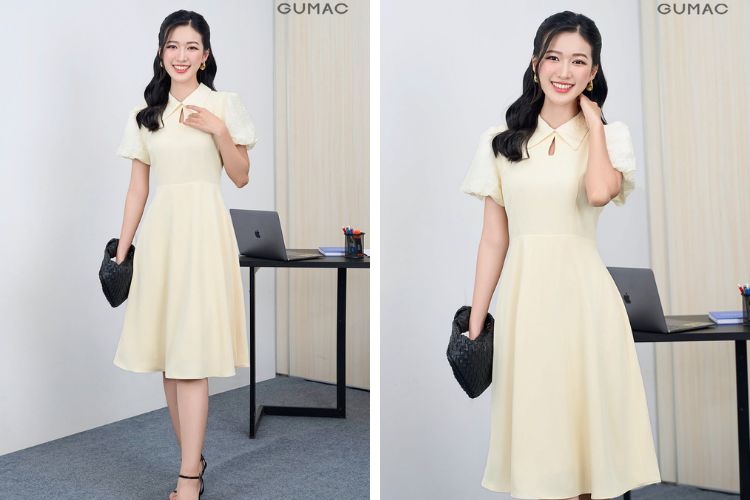 Đầm màu be cổ giọt nước phối với túi xách và giày cao gót đen