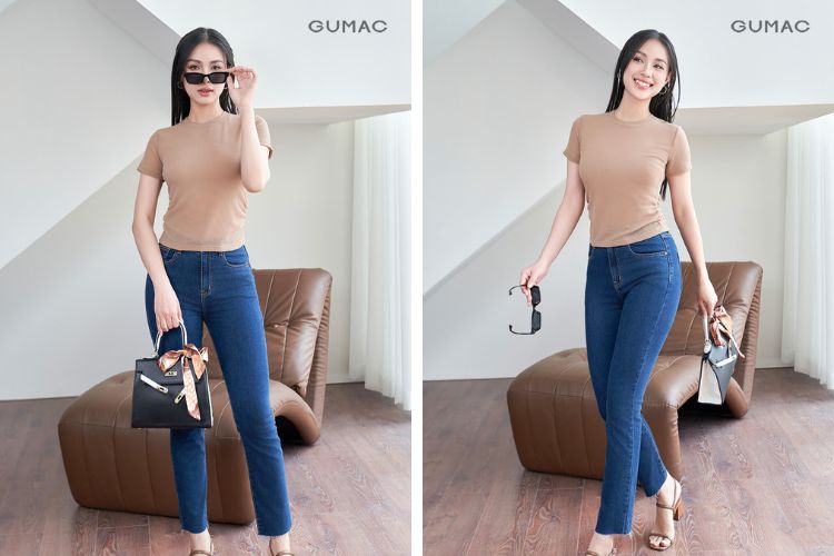 Kết hợp áo màu be với quần jean