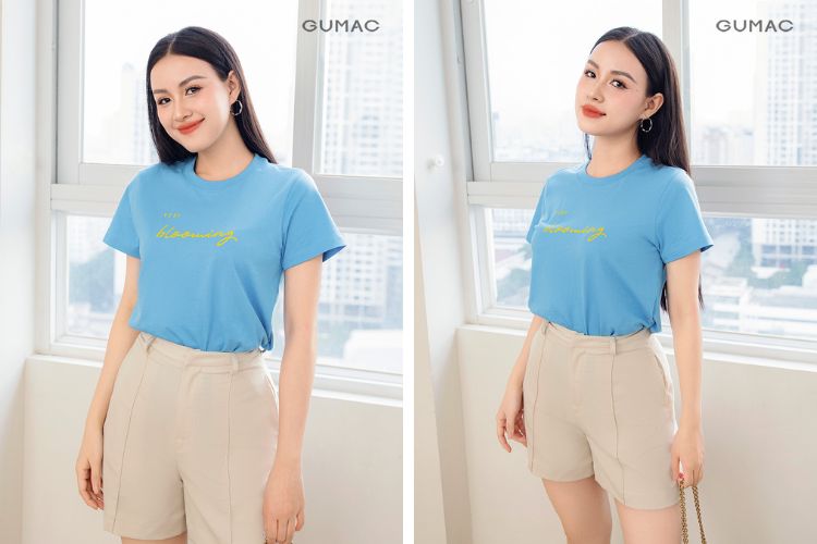 Quần short màu kem&nbsp;phối với áo thun xanh da trời