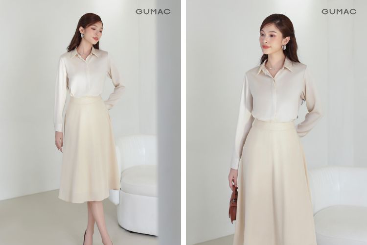 Set chân váy lụa màu beige với áo lụa sang trọng đi tiệc