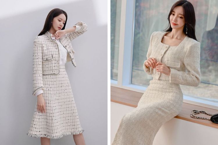 Set dạ tweed màu beige sang trọng