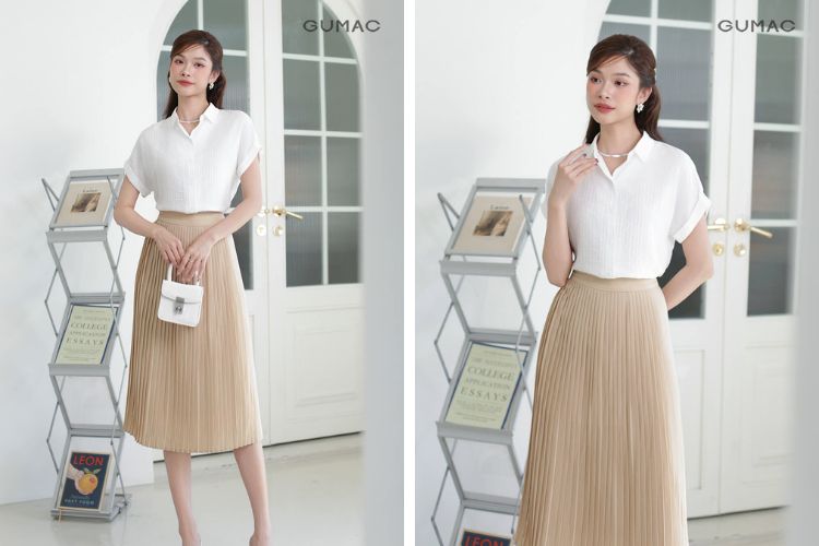 Váy dập ly màu bephối áo đi làm cho nàng công sở