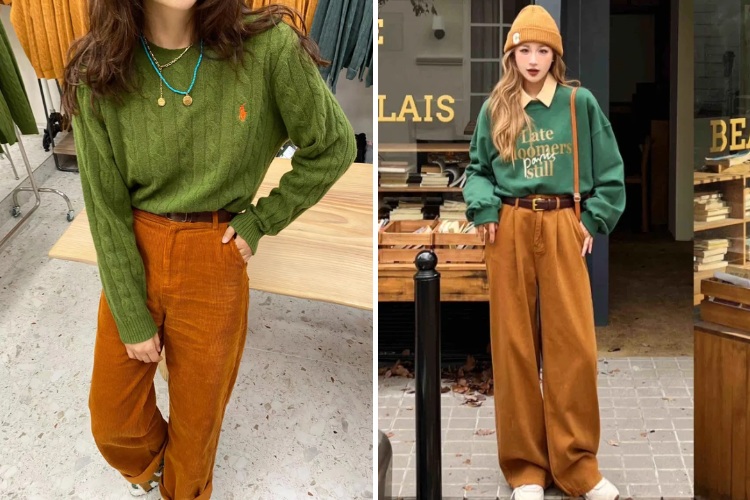 Mặc áo xanh rêu với quần cam