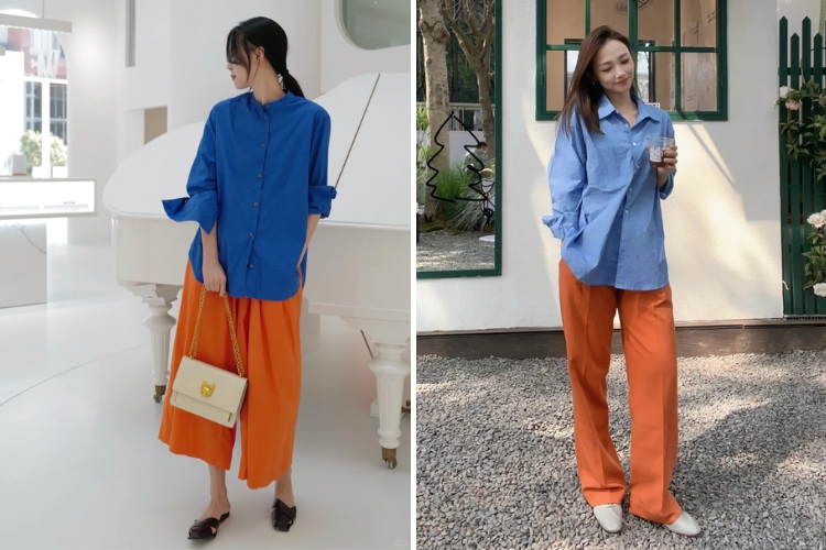 Mix quần cam với áo màu xanh biển