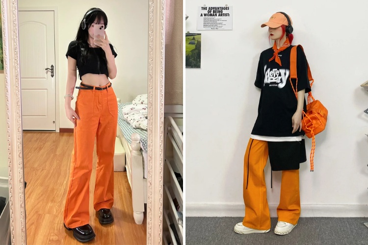 Phối quần màu cam cùng áo màu đen