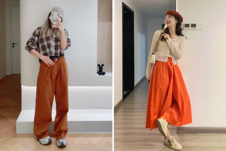 Quần cam áo họa tiết trung tính