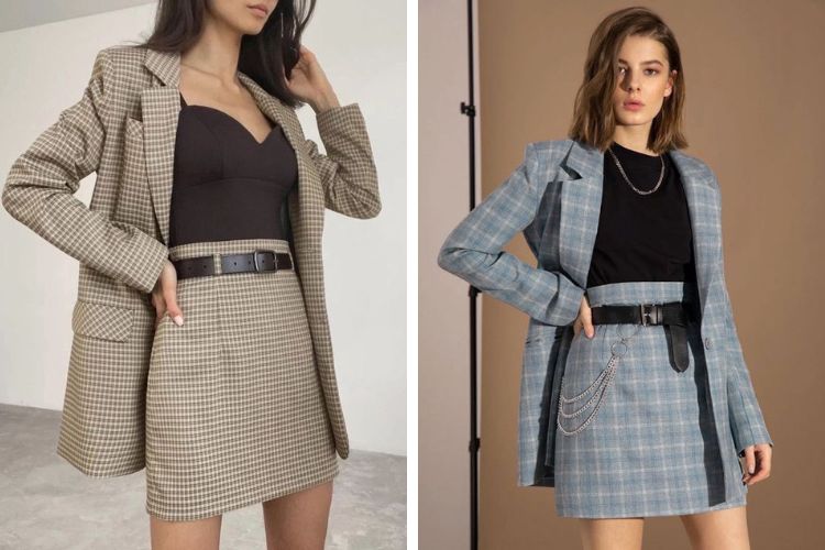 Áo đen kết hợp chân váy caro Áo đen kết hợp chân váy caro