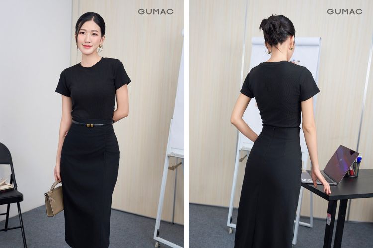 Áo đen kết hợp chân váy đen Áo đen kết hợp chân váy đen