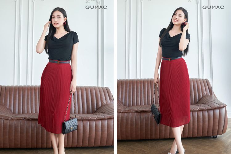 Áo đen kết hợp chân váy đỏ đô Áo đen kết hợp chân váy đỏ đô