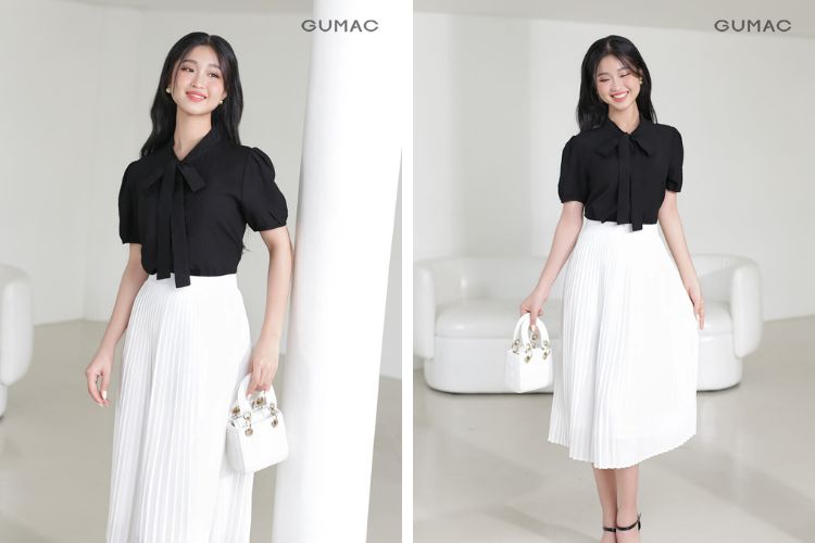 Áo đen kết hợp chân váy trắng Áo đen kết hợp chân váy trắng