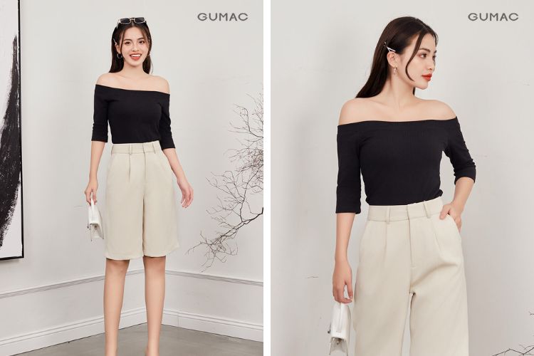 Áo đen kết hợp quần màu kem Áo đen kết hợp quần màu kem