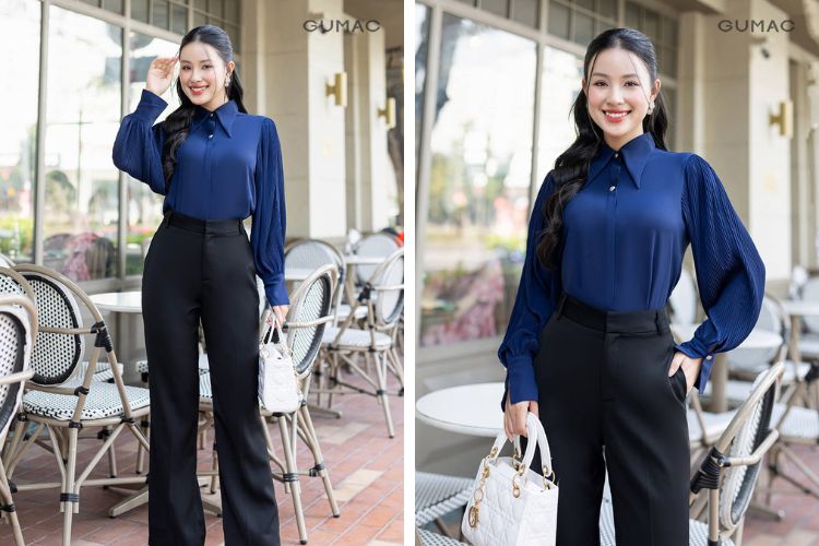 Áo xanh dương mặc quần đen Áo xanh dương mặc quần đen