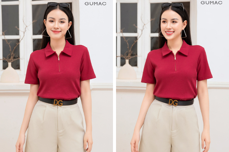 Áo polo màu đỏ mix cùng quần short màu kem