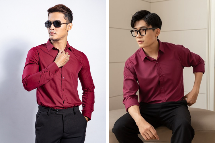 Áo sơ mi đỏ phối với quần tây đen cho nam