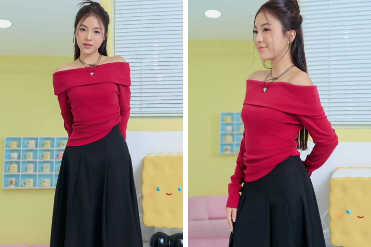 Phối đồ màu đỏ cho nữ với áo trễ vai màu đỏ mix với chân váy đen 