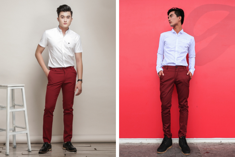 Quần tây màu đỏ mix áo sơ mi trắng cho nam