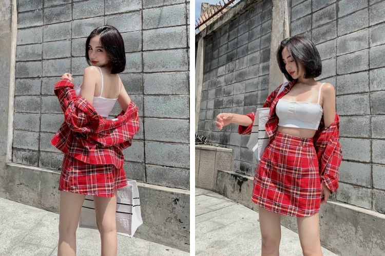 Váy sọc kẻ caro đỏ kết hợp với áo hai dây trắng
