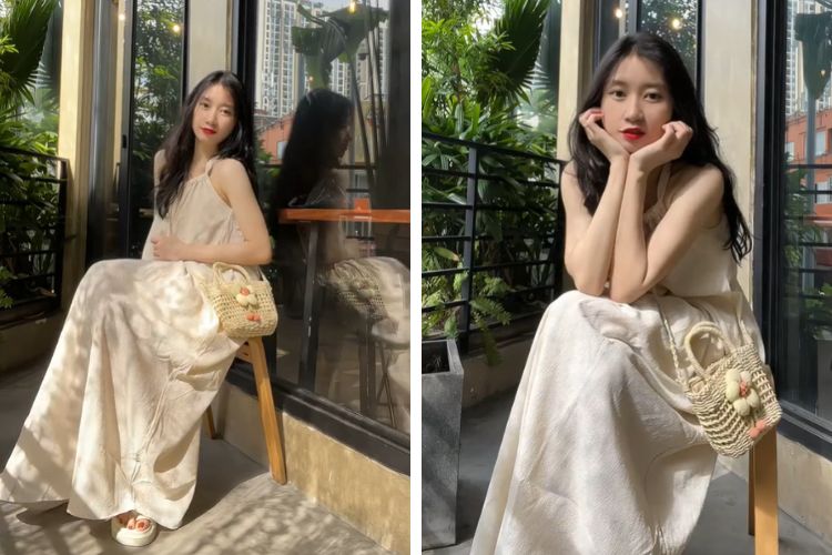 Phối váy đi biển với túi cối
