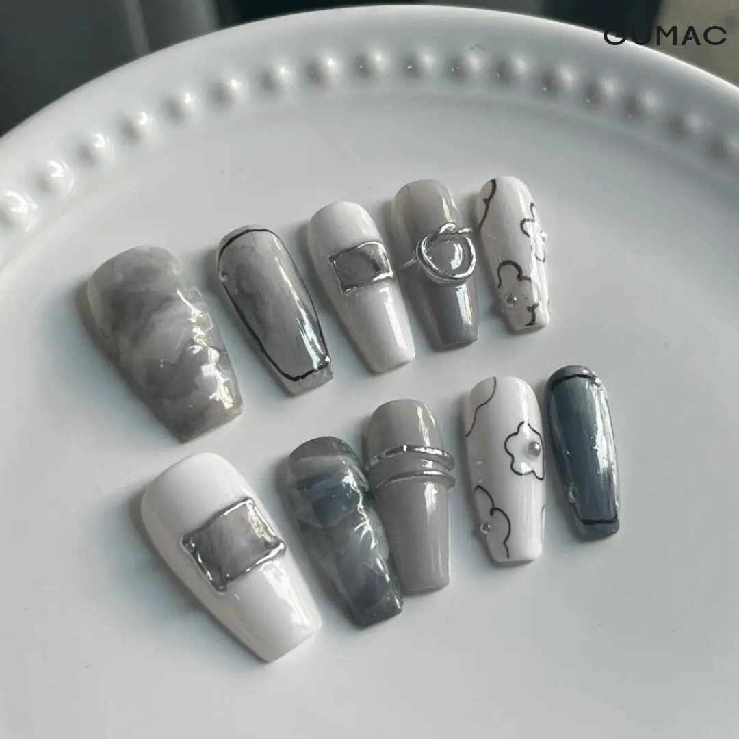 mot so kieu nail mau xam ve hoa tiet la mat