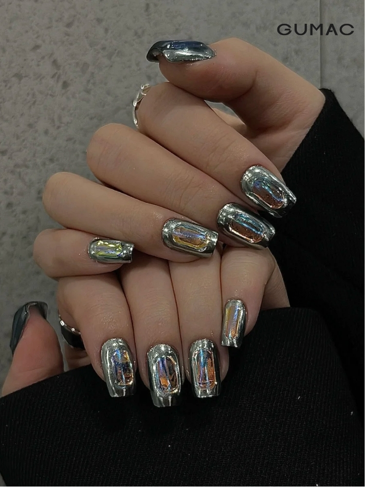 nail mau xam mong vuong trang guong